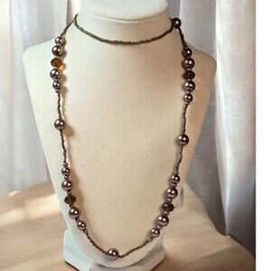 Brown Beaded Long Necklace Crystal Accent Layered Strand – Earthy Elegant